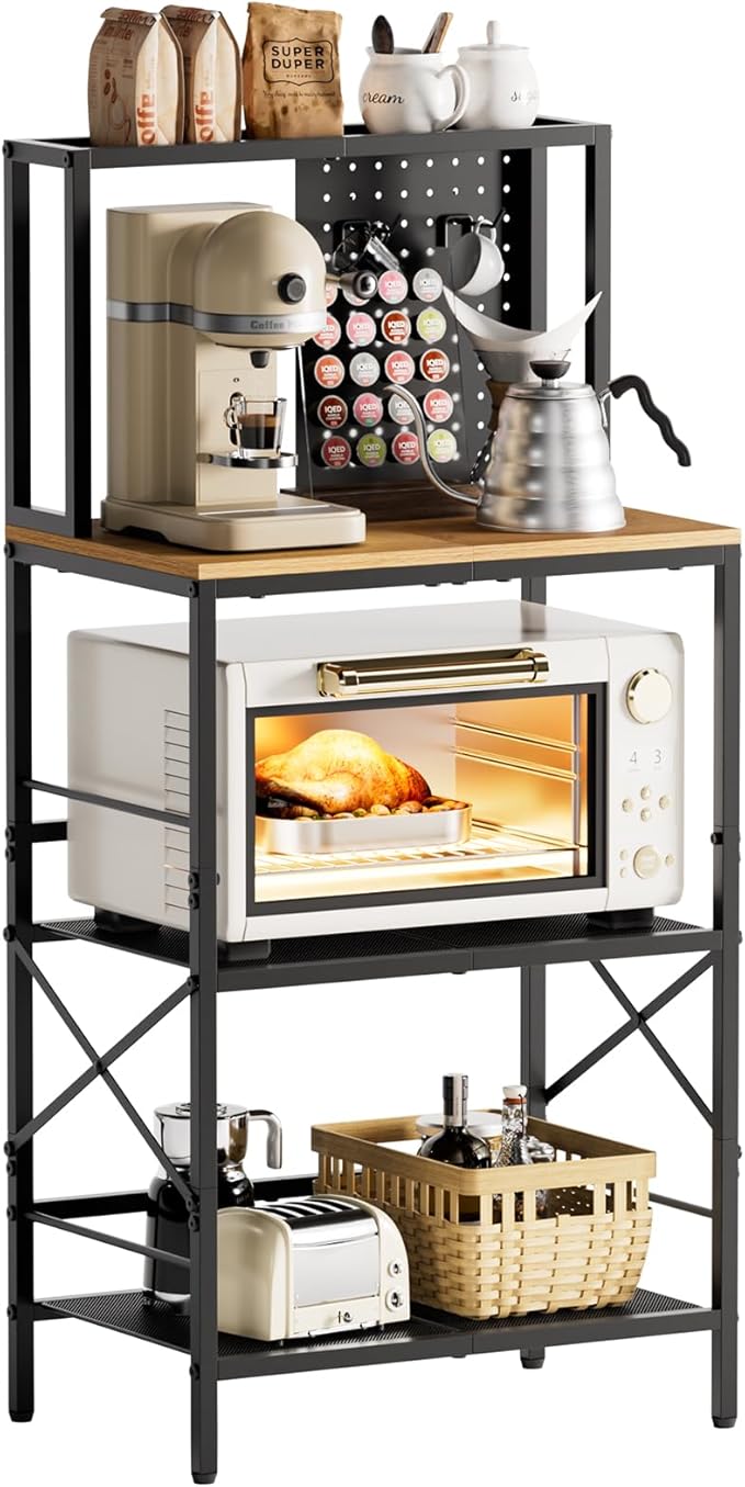 Kitchen Bakers Rack with Pegboard, 4-Tiers Coffee Bar Table, Heavy-Duty Metal Microwave Stand, Adjustable Storage Shelf Rack for Living Room, Garage, Office