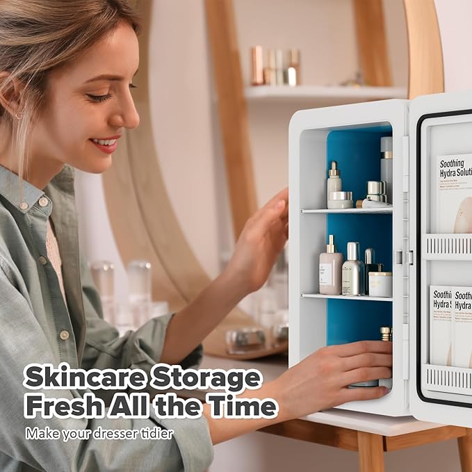 22L/30Cans Mini Fridge for Bedroom, 12v DC Portable Cooler & Warmer, Mini Refrigerator with Glass Front, for Car Office Desk & Dorm Food Beverage Skincare Makeup (White)