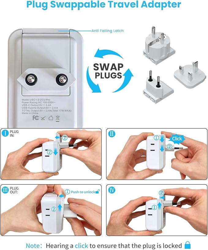 VINTAR European Travel Plug Adapter Kit, Adapter for Europe Plug with 3 USB Ports (2 USB C) 4 AC Outlets, Type C,G,E/F Detachable Attachments, International Power Adapter for Europe UK France Italy