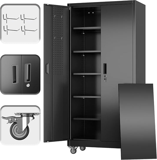 SUXXAN Garage Storage Cabinet with Wheels Pegboard and 5 Adjustable Shelves, 71'' x 32'' x 16''Metal Lockable Cabinet with Magnetic Doors,Tool Storage,Home Office Garage,Gym,School (Black)