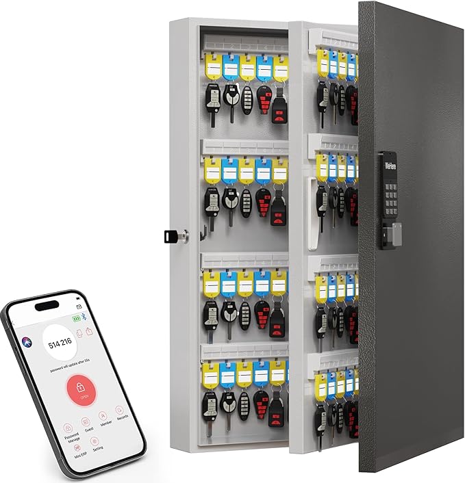 192 Key Lock Box Wall Mount, Smart Key Cabinet, One Time Password/Fixed Code/Bluetooth/Wi-Fi Remote/Key Unlock, Security Lockbox Organizer for Valets, Hotels, Car, Office Key Management & Storage