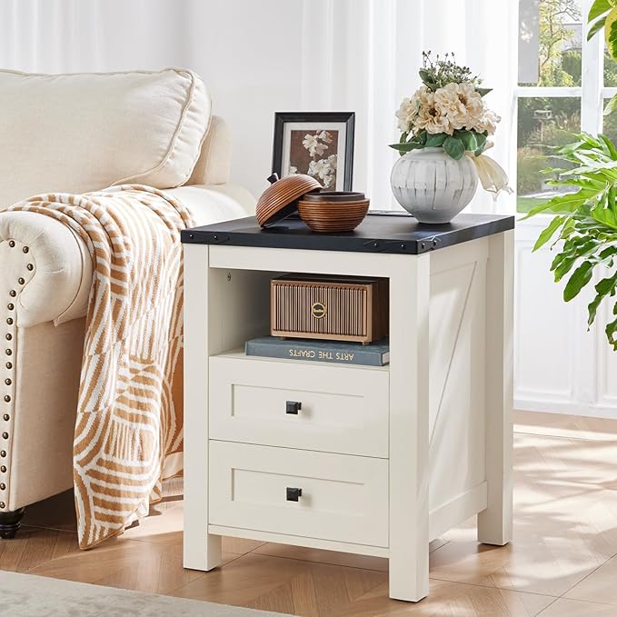 Night Stands with Charging Station Set of 2, Farmhouse Nightstand, White Wooden Bedside End Tables with 2 Drawers and Open Shelf, Bed Side Table for Bedroom, Living Room, Closet, Office