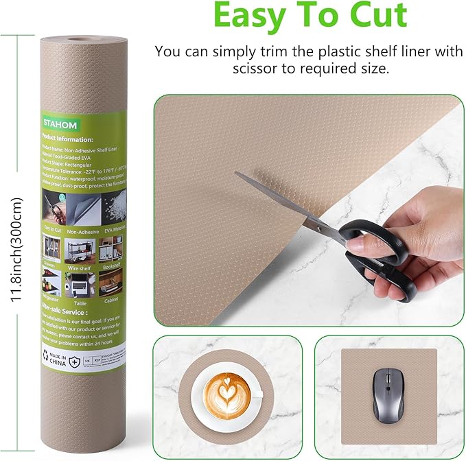 Beige Shelf Liners for Kitchen Cabinets Non Adhesive Drawer Liner for Bathroom Waterproof Refrigerator Liners for Shelves Fridge Plastic Mats Cabinet Cupboard Liner 23.6 x 393.7 Inches