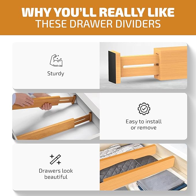 4 Pack Drawer Divider - 2.6" High, 16" to 22" Adjustable Bamboo Drawer Organizers for Clothes, Expandable Dresser Separators in Bedroom/Bathroom/Kitchen/Office Organization and Storage (Natural)