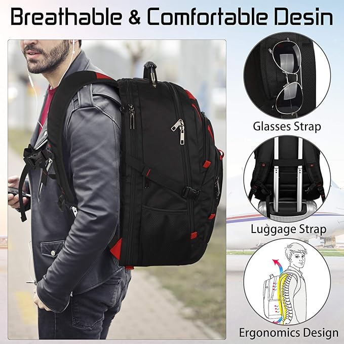18.4 Inch Laptops Backpack, 55-60L Extra Large Travel Laptop Backpack with USB Charging Port, TSA Friendly Flight Approved and RFID Anti-Theft Pocket, Water Resistant Suiltable for Large Gaming Laptop