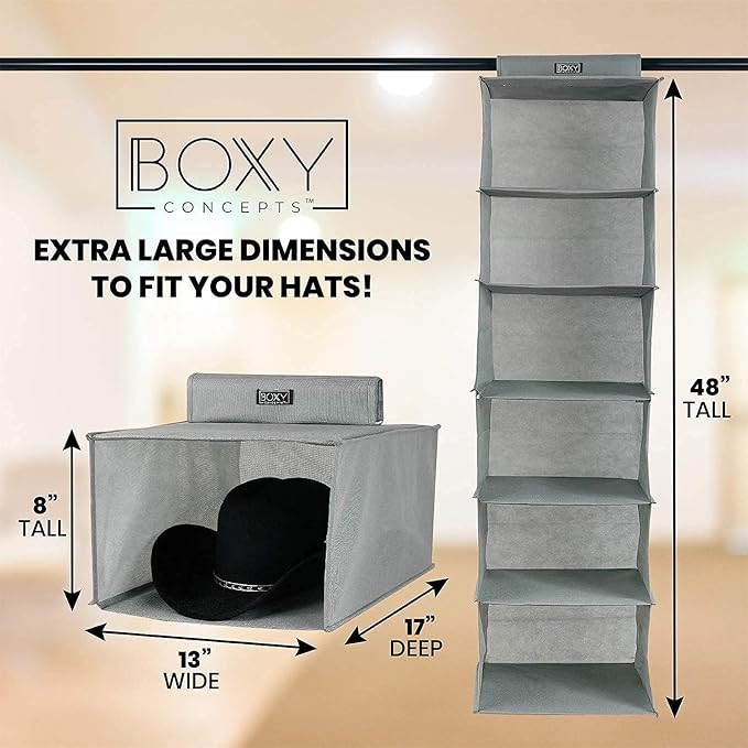 Boxy Concepts 6-Shelf Cowboy Hat Organizer Rack - 13in Wide X-Large Grey - Hat Rack for Wall Mount Hook & Loop - Soft Fabric Preserve Shape - Baseball Cap Organizer