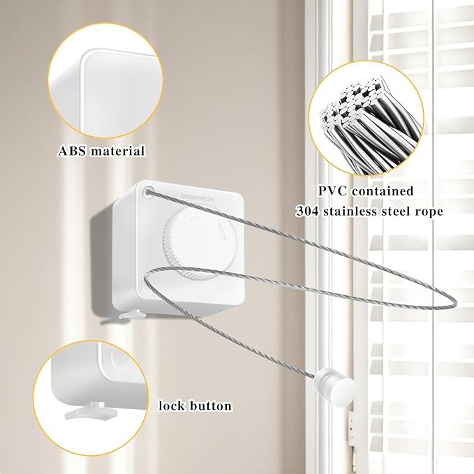 Retractable Clothesline Indoor, Non-Sagging Outdoor Clothes Line retracting,15.4 Ft Heavy-Duty Clothes Drying Laundry Line,Wall Mounted Stainless Steel Line (White)