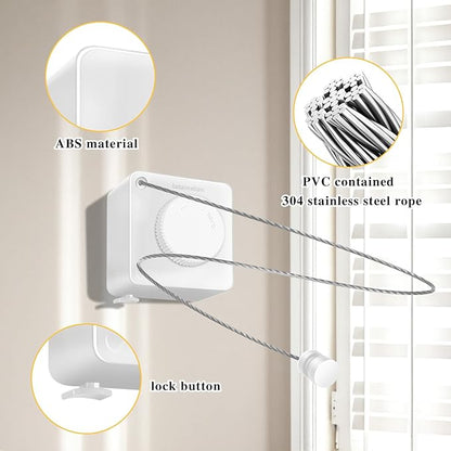 Retractable Clothesline Indoor, Non-Sagging Outdoor Clothes Line retracting,15.4 Ft Heavy-Duty Clothes Drying Laundry Line,Wall Mounted Stainless Steel Line (White)