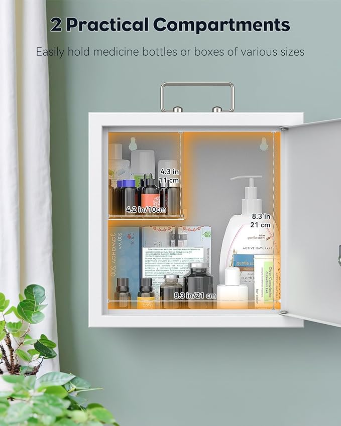 Uniclife Wall Mount Medicine Cabinet with Key Lock & Handle Locking First Aid Cabinet Lockable Medical Cabinet Medium Medicine Organizer Secure Steel Wall Cabinet Metal Storage Box, White