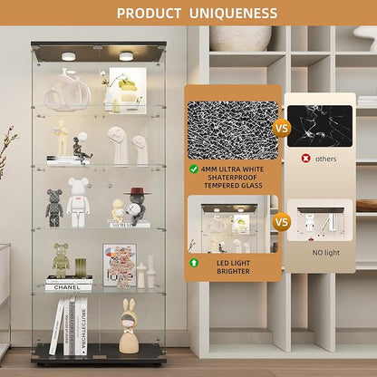 Beauty4U Glass Display Cabinet with Lights, 5 Shelves with 2 Doors, Curio Cabinets for Living Room, Bedroom, Office, Black Floor Standing Glass Bookshelf, Quick Installation