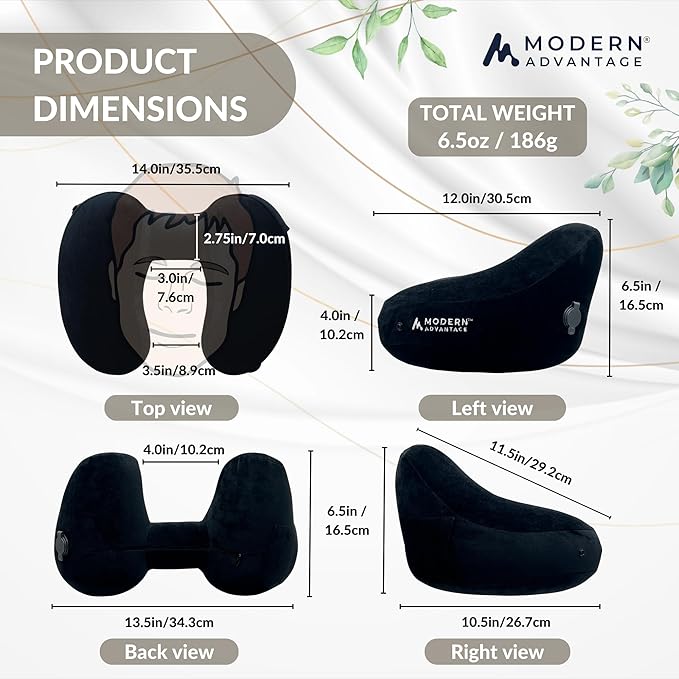 Modern Advantage Inflatable Travel Pillow for Airplanes – Hooded Neck Pillow with Adjustable Support – Comfortable, Compact & Travel-Friendly – Perfect for Sleeping on Long Flights (Black)
