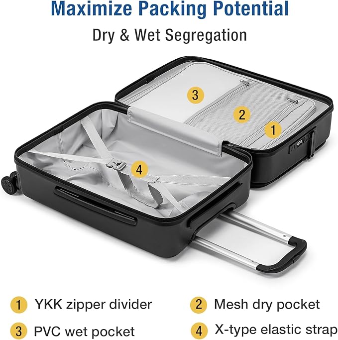 KYME Luggage Sets, 100% PC Suitcase With Double Spinner Wheels & TSA Lock, Hard Shell 3 Piece Set, 22/26/30, Black