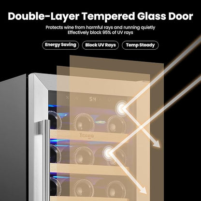 Yeego Wine Fridge Cooler - 15 Inch Wine Fridge Hold 33 Bottles, 40-65°F Wine Refrigerator Glass Door, Built in, Freestanding Under Counter Fridge for Beer Soda Drink Home Bar Office
