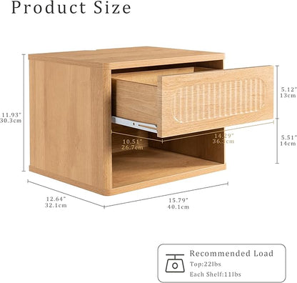 Floating Nightstands with Drawer Set of 2, Modern Wall Mounted Bedside Tables for Bedroom, Space Saving Storage Cabinets, Easy Install Hanging Shelf Night Stands for Small Spaces (Natural)