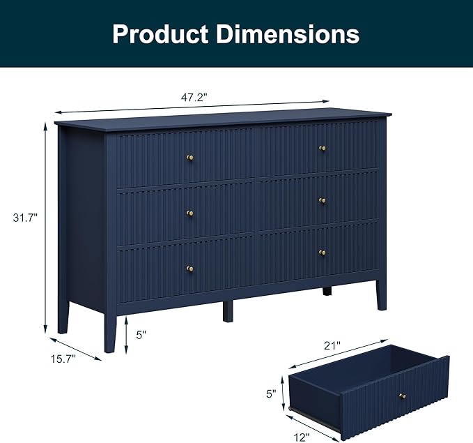 RoyalCraft 6 Drawer Dresser, Fluted Modern Wood Chest of Drawers, Long Dresser for Bedroom TV Stand Storage Cabinet for Living Room, Blue