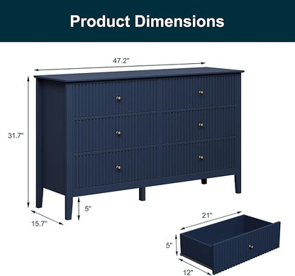 RoyalCraft 6 Drawer Dresser, Fluted Modern Wood Chest of Drawers, Long Dresser for Bedroom TV Stand Storage Cabinet for Living Room, Blue