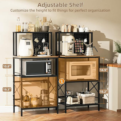 Kitchen Bakers Rack with Pegboard, 4-Tiers Coffee Bar Table, Heavy-Duty Metal Microwave Stand, Adjustable Storage Shelf Rack for Living Room, Garage, Office