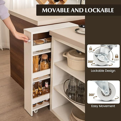 LOKO Slim Storage Cart, 4-Tier Rolling Cart with Handle & Wooden Top for Kitchen Bathroom Laundry Living Room Narrow Small Spaces, 5 Inches Width (Plain White)