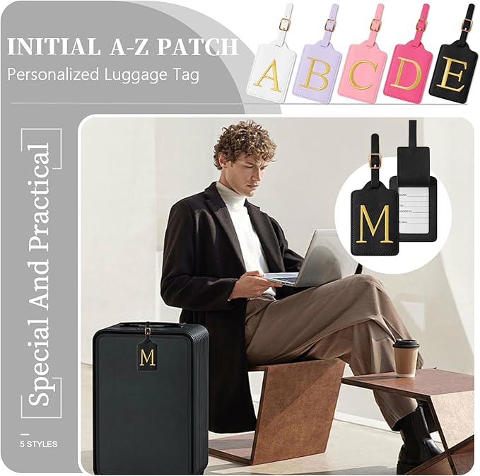 Personalized Initial Luggage Tags for Suitcase TSA Approved, Black Leather Cute Luggage Tag with Privacy Cover Name Card, Embroidered Custom Luggage Tags Travel Backpack Tags Gifts for Women Kids(M)
