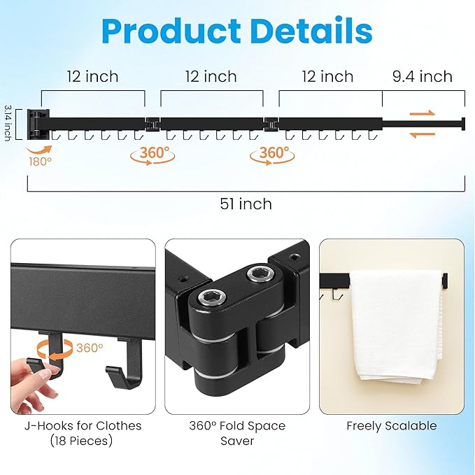 Clothes Drying Rack Wall Mounted, Retractable Collapsible(Tri-Fold) Space Saver, Black with 18 Hooks for Laundry Room Organization Apartment Balcony Bathroom