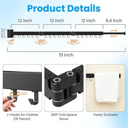 Clothes Drying Rack Wall Mounted, Retractable Collapsible(Tri-Fold) Space Saver, Black with 18 Hooks for Laundry Room Organization Apartment Balcony Bathroom
