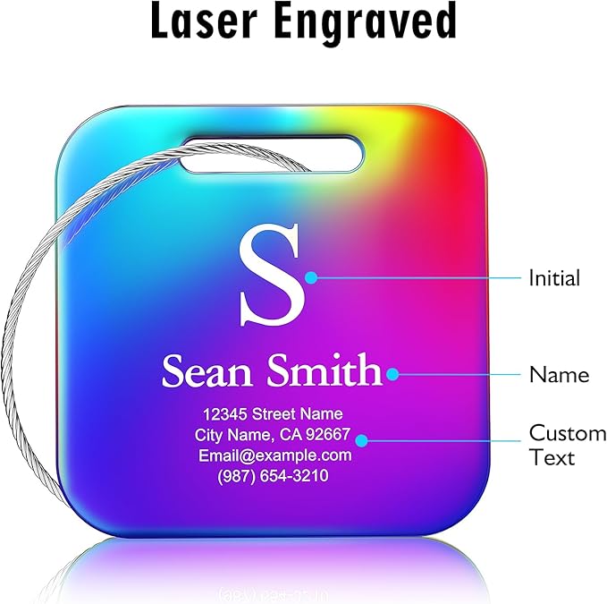 Luggage Tags for Suitcase - Personalized Engraved Stainless Steel Rainbows Tag for Cruise Travel - Custom Name Tags Suitable for Bags and Backpacks