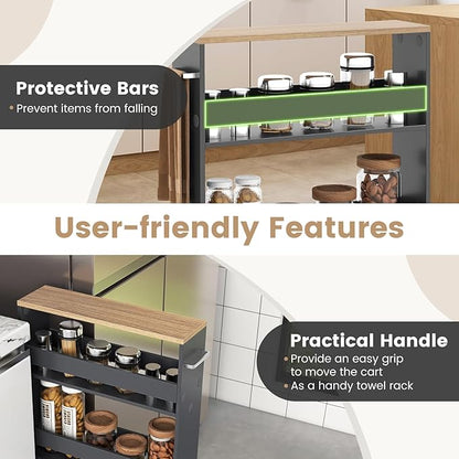 MAT EXPERT Slim Rolling Storage Cart, 4-Tier Freestanding Slim Storage Cart with Wheels 360 Degree & Metal Handle, Wooden Utility Cart for Narrow Kitchen, Laundry Room, Bathroom (Grey + Natural)