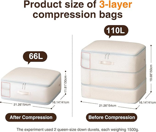 2 Pack Compression Storage Bags - 110L Large Capacity Comforter Storage Bag, 3-Layer Washable Ultra Space Saving Self Compression Organizer Space Bags for Blankets, Sweaters, Sheets, Beige