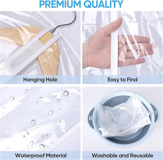 BALEINE 60'' Clear Garment Bags, 6 Packs PEVA Dress Bag for Closet Clothes Dresses Suit Coats Storage (Clear, 6PK)