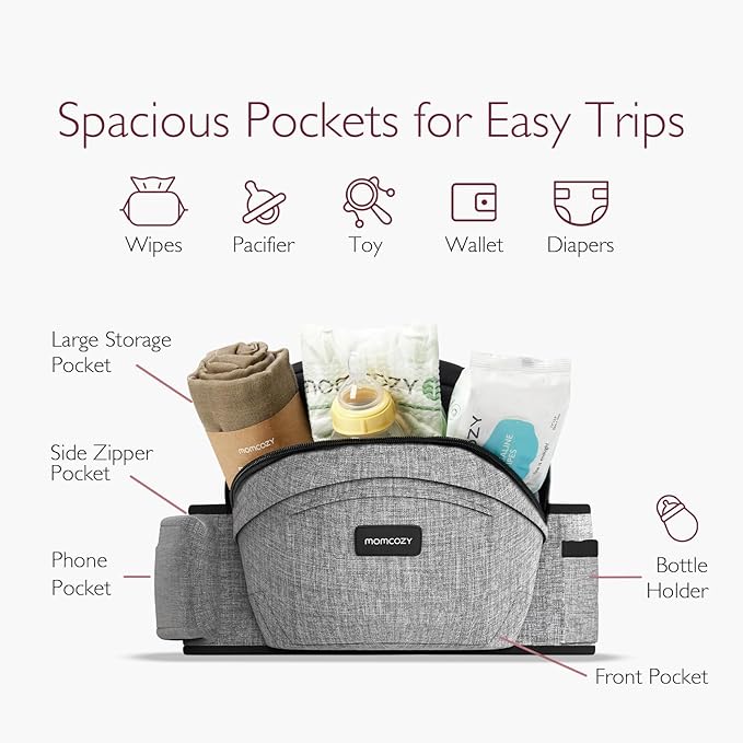 Momcozy Hip Seat Baby Carrier - Adjustable Waistband with Original 3D Belly Protector, Ergonomic Carrier with Various Pockets for Newborns & Toddlers up to 45lbs (Grey, Large)