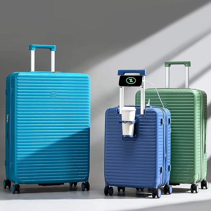 Hard Shell Suitcases Travel Expandable Luggage, 24 Inch Check in Luggage with Spinner Wheels Cup Holder Charger Built in, Checked Medium Suitcase Lightweight Suitcases, Interstellar Blue