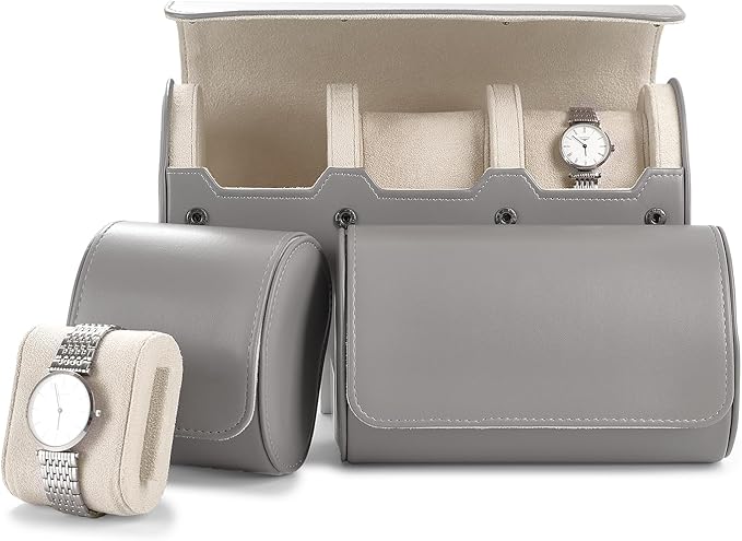 Oirlv Luxury Leather Watch Organizer Case Watch Box for Mens Jewelry Gift Box for Birthday Fathers Day Anniversary(3 slots, Grey)