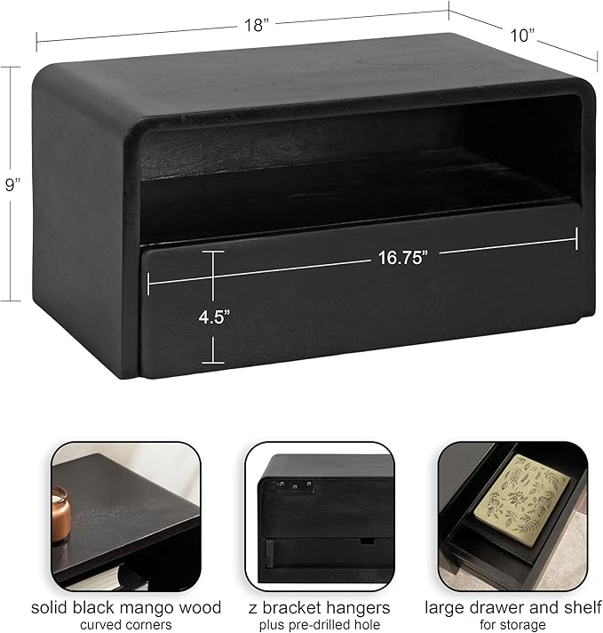 Kate and Laurel Kato Modern Wood Floating Side Table with Drawer; 18 x 10 x 9; Black; Contemporary Wooden Floating Nightstand for Bedroom Bedside Table