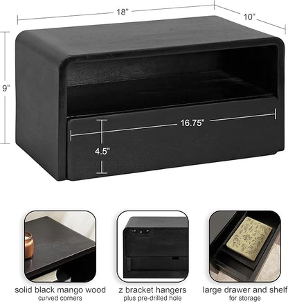 Kate and Laurel Kato Modern Wood Floating Side Table with Drawer; 18 x 10 x 9; Black; Contemporary Wooden Floating Nightstand for Bedroom Bedside Table