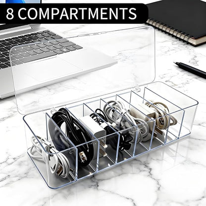 Cheardia 4 Pack Cable Storage Organizer, 10 In Plastic Cord Storage Box with 30 Wire Ties, Clear Charger Organizer with Lid for Office Home Desk Accessories