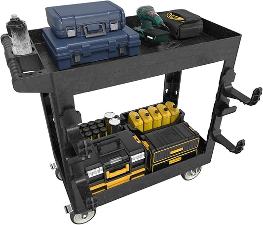 34"*17" Heavy Duty Utility Cart, 2 Shelf Plastic Rolling Cart Tool Cart with Ergonomic Handle 5" Swivel Casters 4 Hooks 1000lbs Capacity for Garage, Warehouse, Cleaning