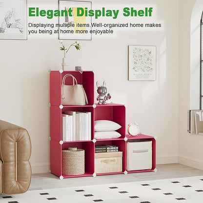C&AHOME 6-Cube Storage Organizer, Stackable Storage Cubes Shelves, Portable Bookshelf, Plastic Clothing Storage Closet Organizer, DIY Modular Shelving Units for Wardrobe, Home, Red