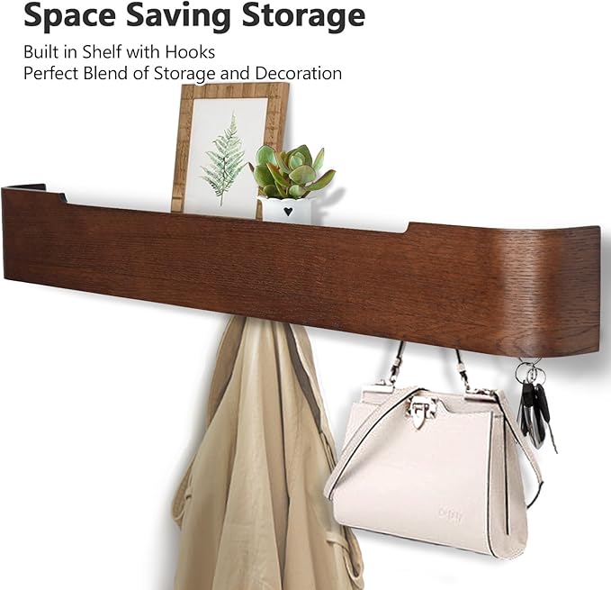 Coat Rack Wall Mount with Hidden Hooks Modern Key Holder Wood Entryway Hook with Shelf for Bedroom Kitchen Hallway Bathroom Designed for Hanging Coats Hats Bags Towel Dog Leashe(Walnut,8 Hooks)