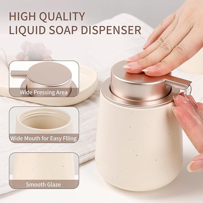 BosilunLife Bathroom Accessory Set - 3 pcs Ceramic Bathroom Soap Dispenser Set Farmhouse Bathroom Counter Decor Set Accessories, Soap Dispenser and Toothbrush Holder with Tray