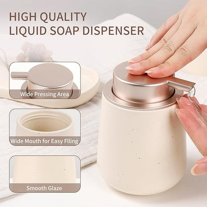 BosilunLife Bathroom Accessory Set - 3 pcs Ceramic Bathroom Soap Dispenser Set Farmhouse Bathroom Counter Decor Set Accessories, Soap Dispenser and Toothbrush Holder with Tray