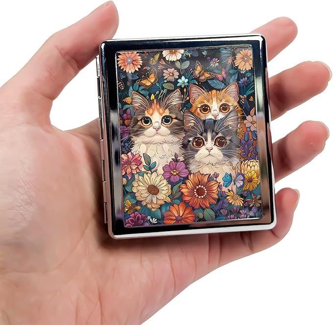 8‑Compartment Metal Pill Box Organizer – Portable Medicine Case 3″×2.6″ | Food‑Grade Dividers | Secure Snap Button Lid | Travel & Gift for Seniors (Curious Kittens in Bloom)
