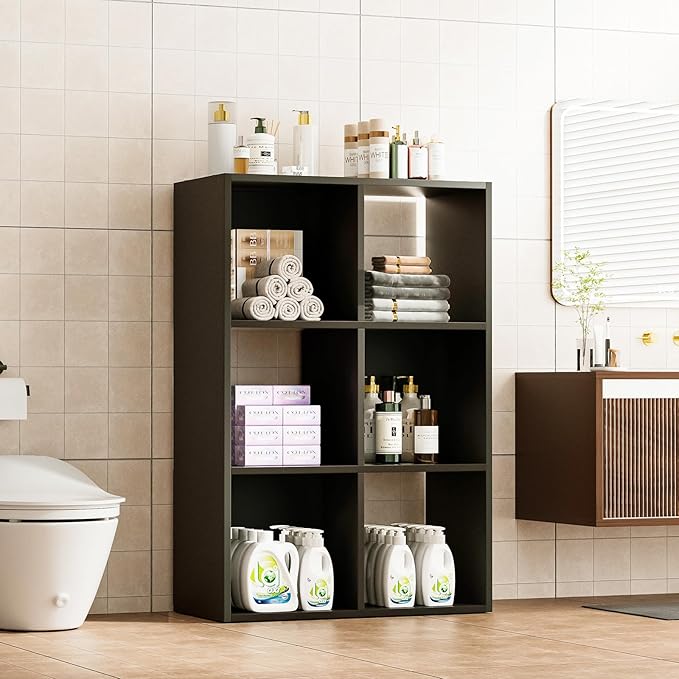 COMHOMA 6 Wood Cube Storage Organizer with Open Back and Removable Back Panels, 11In Black Cube Storage Bookshelf, Cubicle Shelf Bookcase for Home Office Bedroom Living Room, Vertical or Horizontal