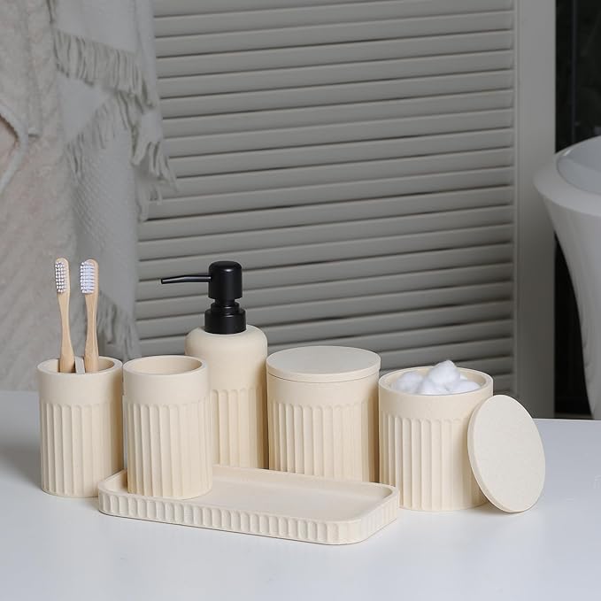 Bathroom Accessory Set - 6 Pieces Bathroom Accessories Set Complete with Soap Dispenser, Toothbrush Holders, Tumbler, Vanity Tray and 2 Qtip Holder for Home Organizer and Decor, Beige