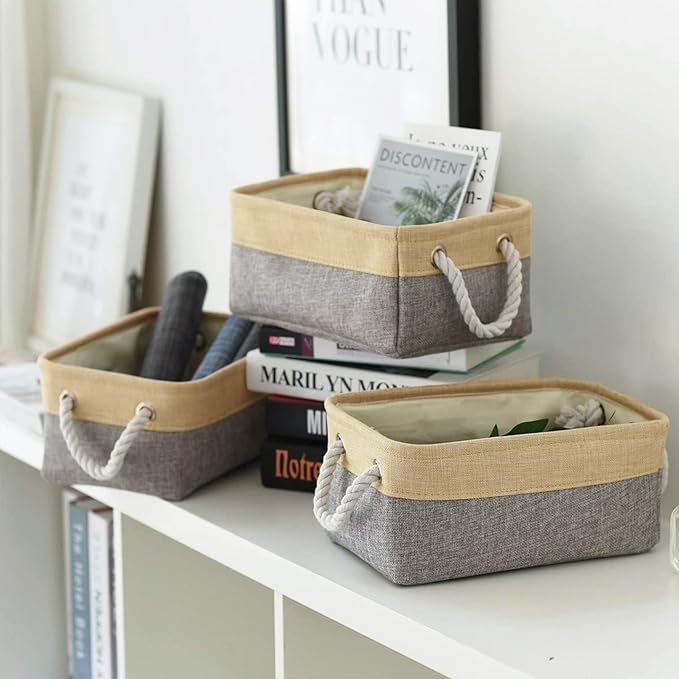 TheWarmHome Storage Bins for Organizing,Sturdy Storage Basket, Decorative Foldable Storage Baskets for Shelves Closet Toy (Gold&Grey Medium - 3 Pack 13.8L×9.8W×6.7H inch)