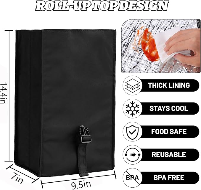 Insulated Foldable Lunch Bag With Ajustable Strap- Lightweight Portable Lunch Box for Men, Women, Office, Work, Picnic, Hiking and Beach (Black(Hard Fabric))
