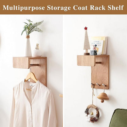 Oak Wood Coat Rack Wall Mount with 8 Inch Long Entryway Wall Shelf and 3 Hooks, Floating Shelf with Hooks for Bathroom, Hallway, Living Room