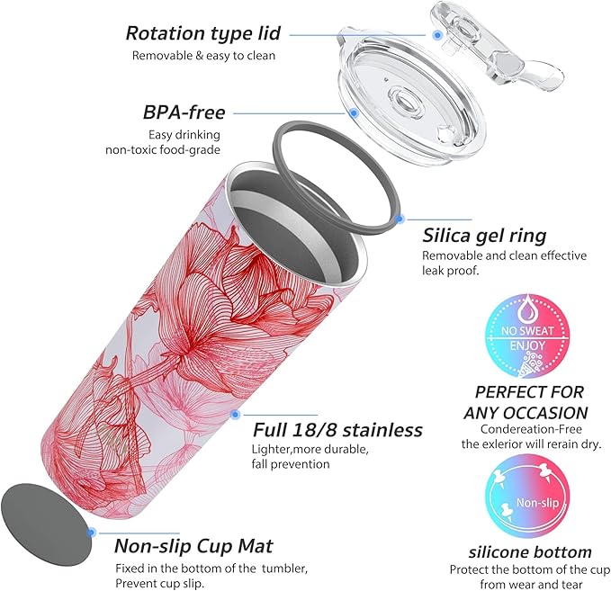 THILY Tumbler Stainless Steel Coffee Cup 26 oz Triple-Insulated Travel Mug with Splash-Proof Lid, Reusable, BPA Free, for Iced Water and Hot Beverage Smoothies Cup, Red Lotus