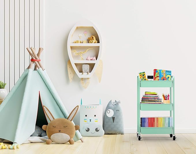 CAXXA 3-Tier Rolling Metal Storage Organizer - Mobile Utility Cart, Kitchen Cart with Caster Wheels (Aqua Green)