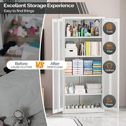 VINGLI Metal Garage Storage Cabinet with 2 Mesh Doors, Locking Steel Display Cabinet with Pegboards and 4 Adjustable Shelves, Ideal for Garage, Office, Pantry, Workshop(Gray, 32''W x 16''D x 71''H)