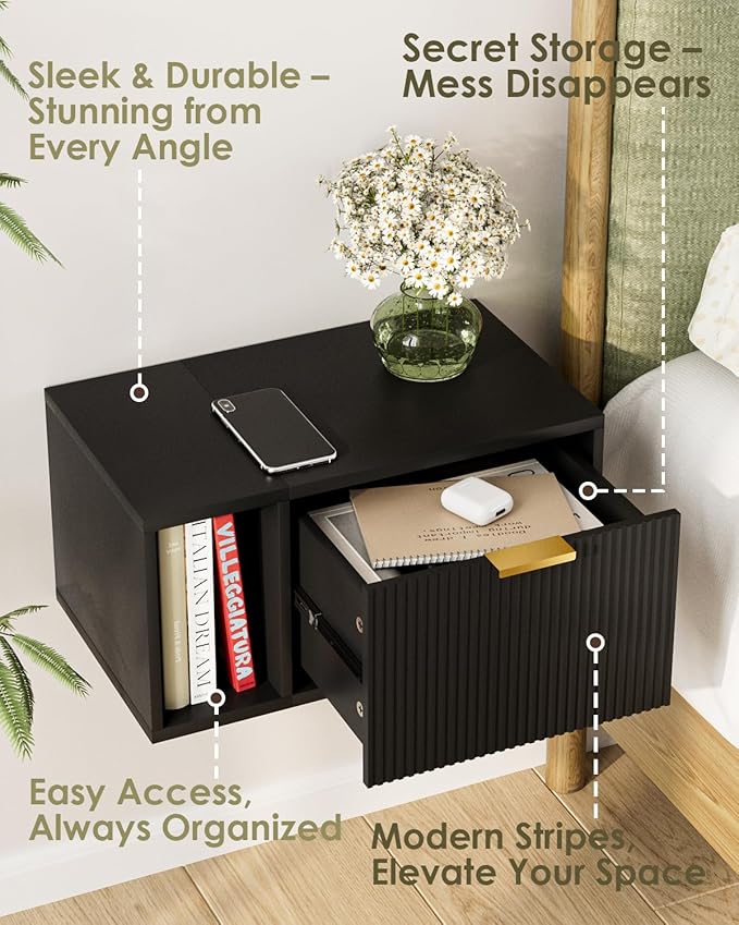 Masupu Floating Nightstand, Wall Mounted Floating Bedside Table with Storage Drawer and Open Shelf, Modern Bedroom Nightstand, 19.3" x 11.4" x 10", Black